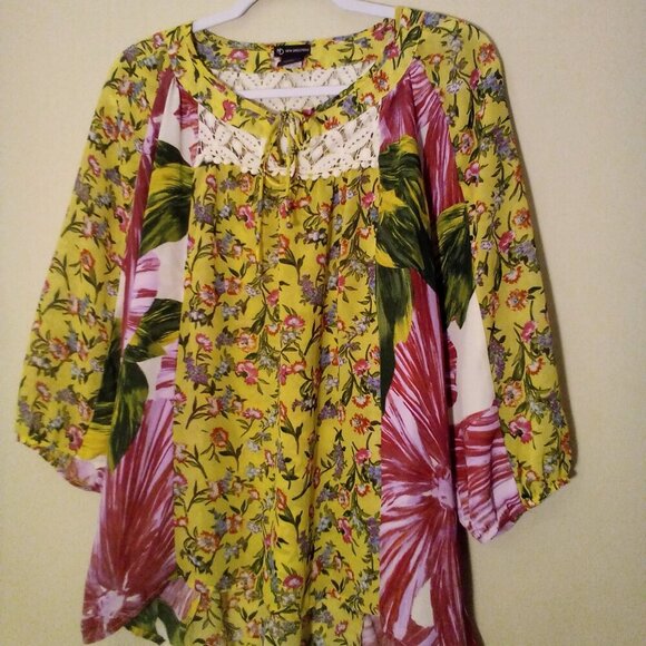 new directions Tops - New Directions Blouse S Half Sleeve Boho Flowing Lace Floral Patchwork Colorful